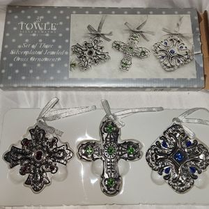 NIB Towle Silversmiths Set o Silver-plated Jeweled Cross Ornaments